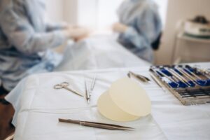Close up of breast implants on table during surgery