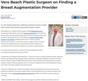 Vero Beach Plastic Surgeon Details Qualifications to Look for When Choosing a Breast Augmentation Doctor 
